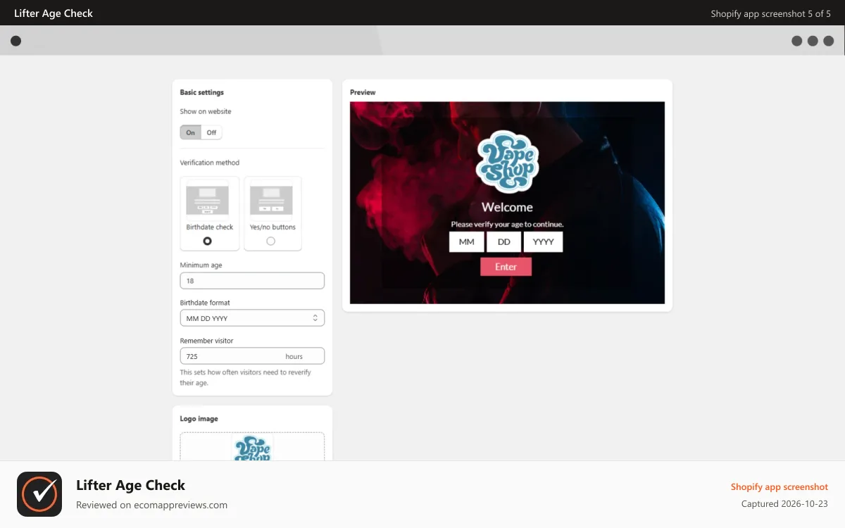 Lifter Age Check Shopify app screenshot: Age Check Admin 1