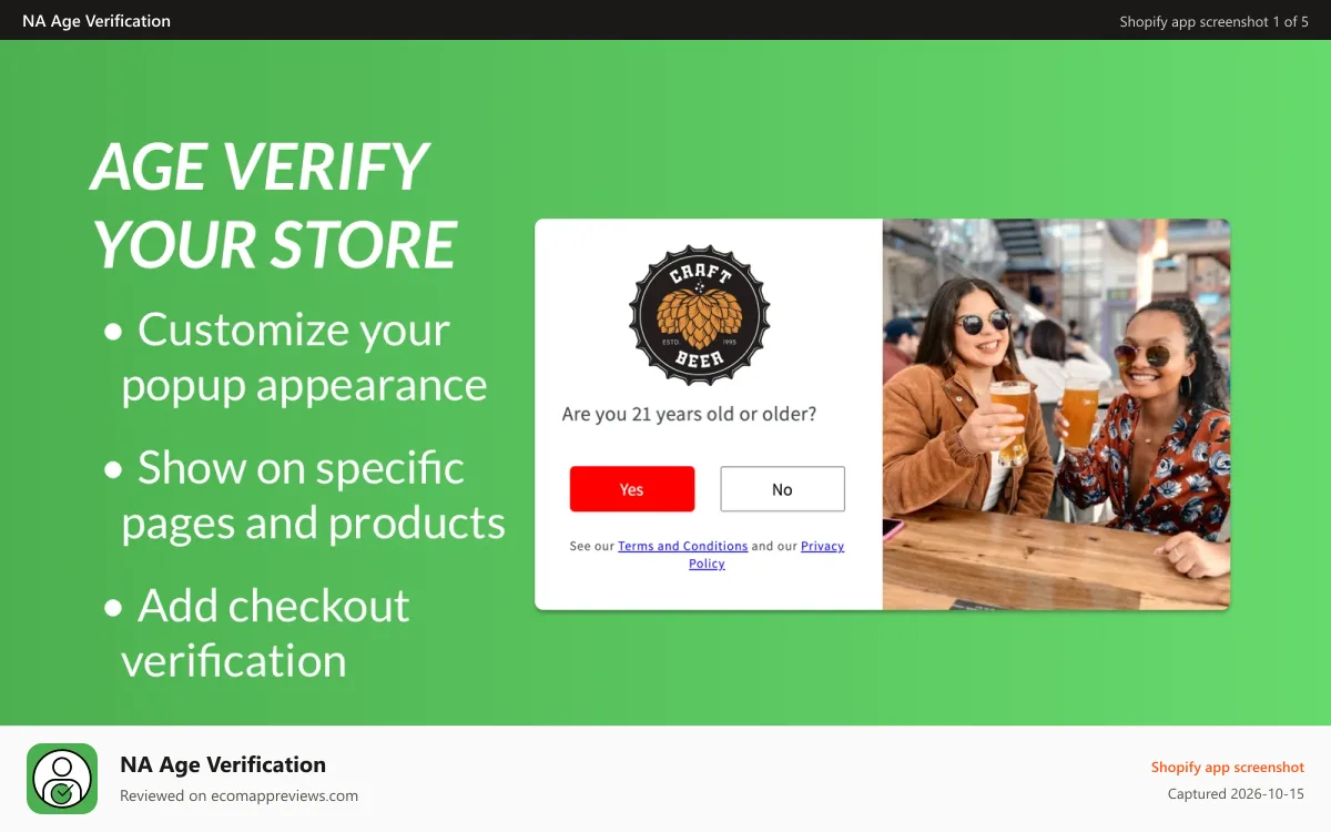 NA Age Verification Shopify app screenshot: Age verify your store