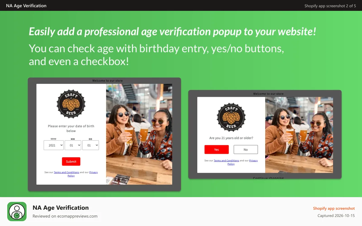 NA Age Verification Shopify app screenshot: Profession age verification popup