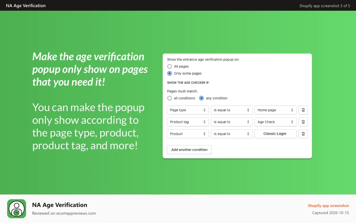 NA Age Verification Shopify app screenshot: Show age verification popup only on pages that you need it