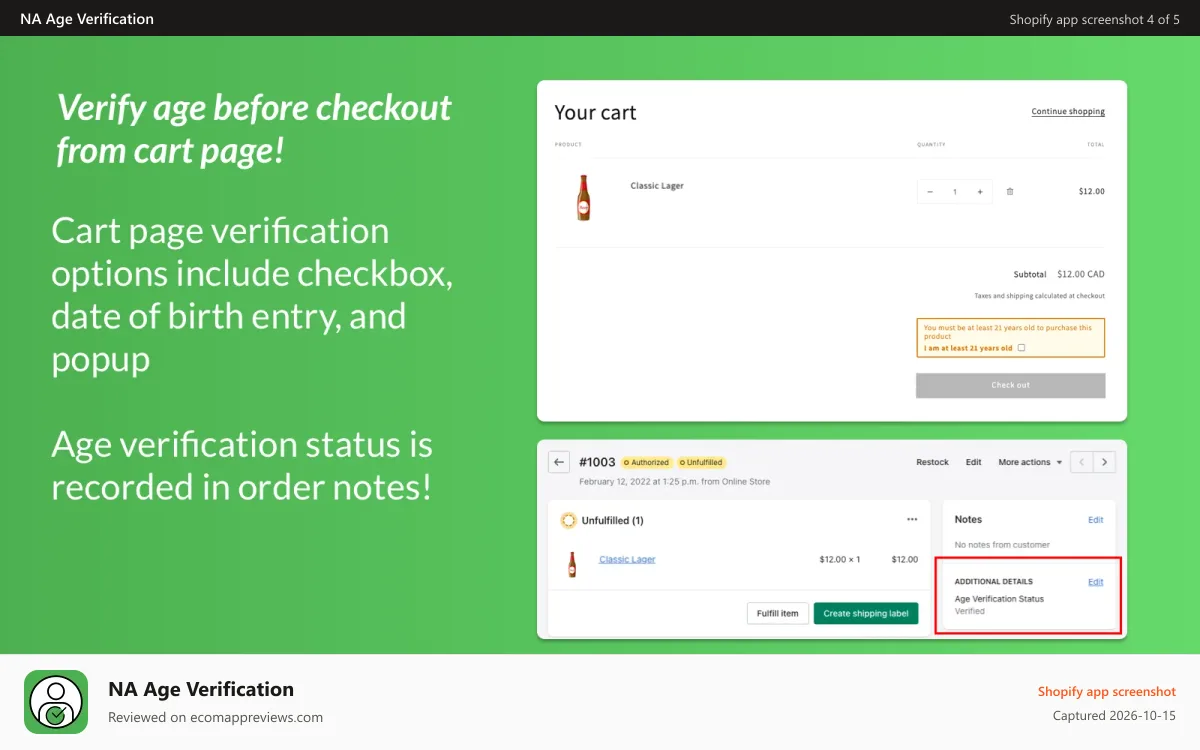 NA Age Verification Shopify app screenshot: Pre-checkout rules on cart page