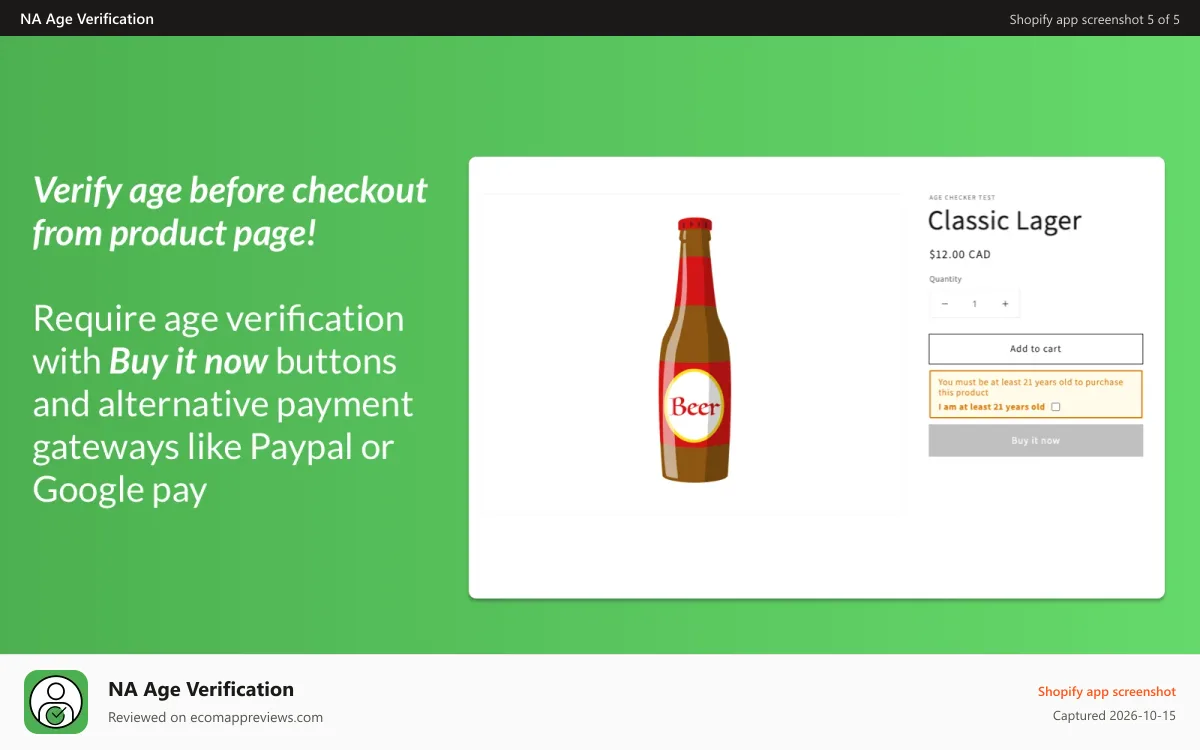 NA Age Verification Shopify app screenshot: Pre-checkout rules on product page