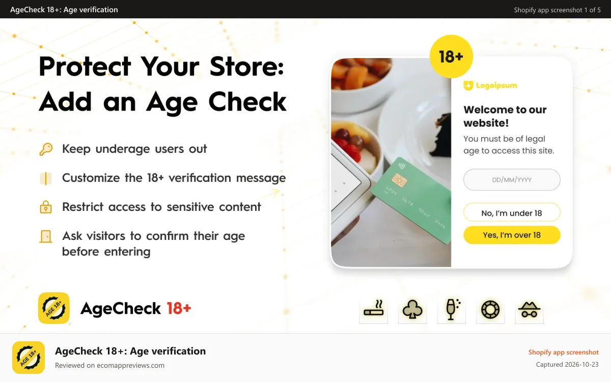 AgeCheck 18+: Age verification Shopify app screenshot: Age Check 18+ Features list
