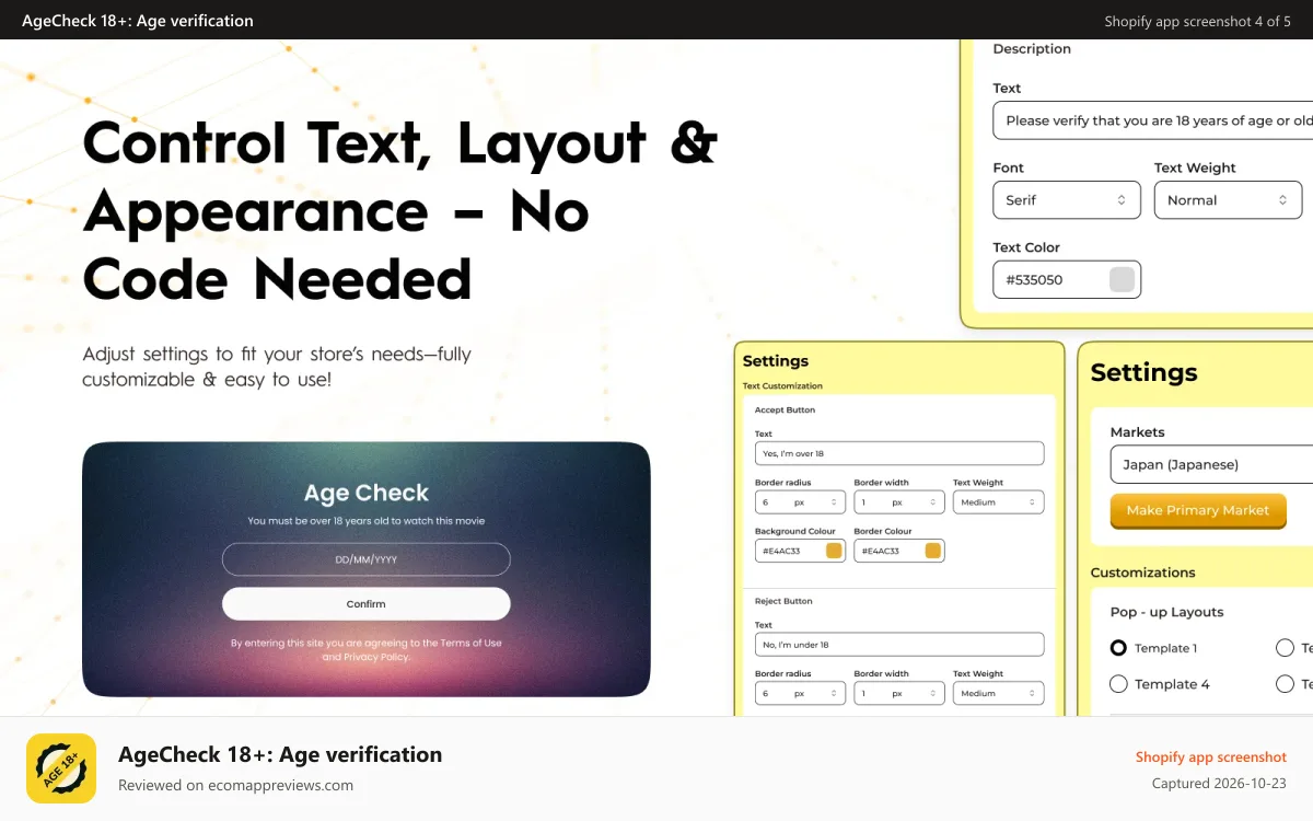 AgeCheck 18+: Age verification Shopify app screenshot: Easy to setup popup with multiple settings
