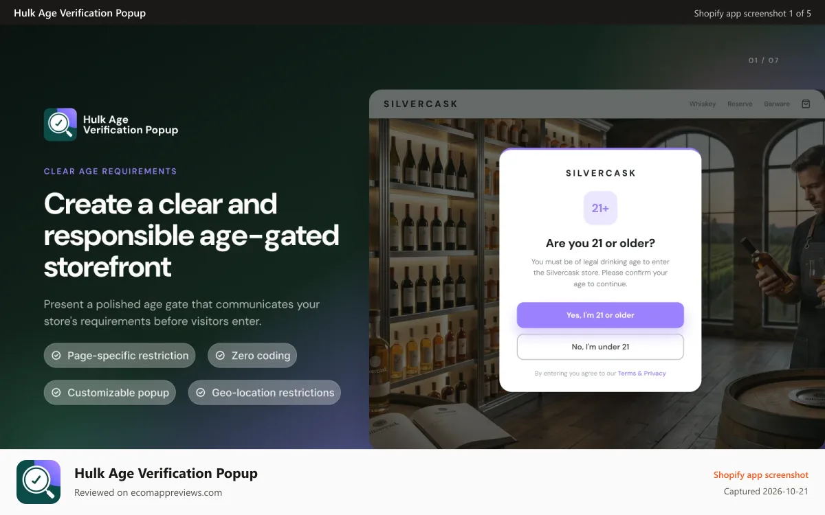 Hulk Age Verification Popup Shopify app screenshot: The Shopify Age Verification app by HulkApps