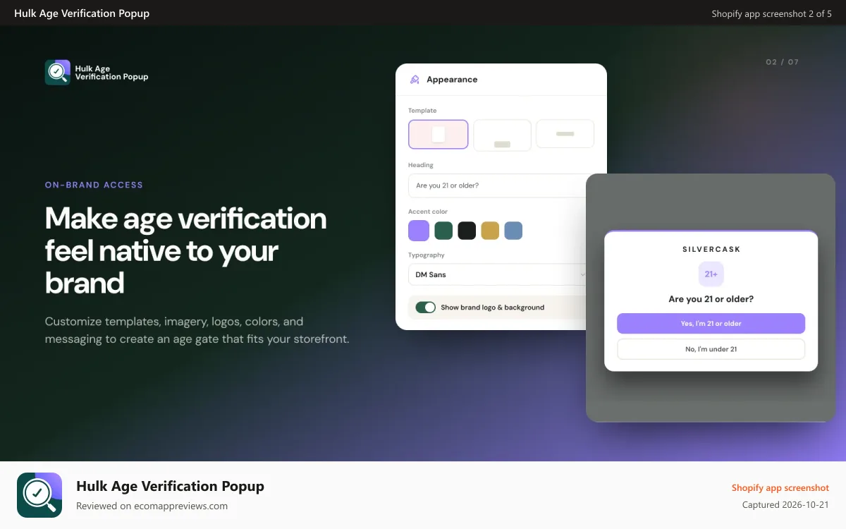 Hulk Age Verification Popup Shopify app screenshot: Restrict access to your website for unwanted visitors.