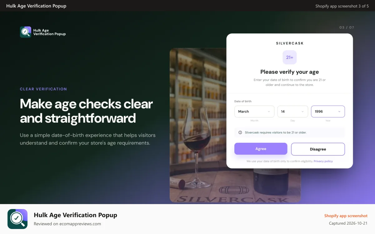 Hulk Age Verification Popup Shopify app screenshot: Have country-specific age verification options.