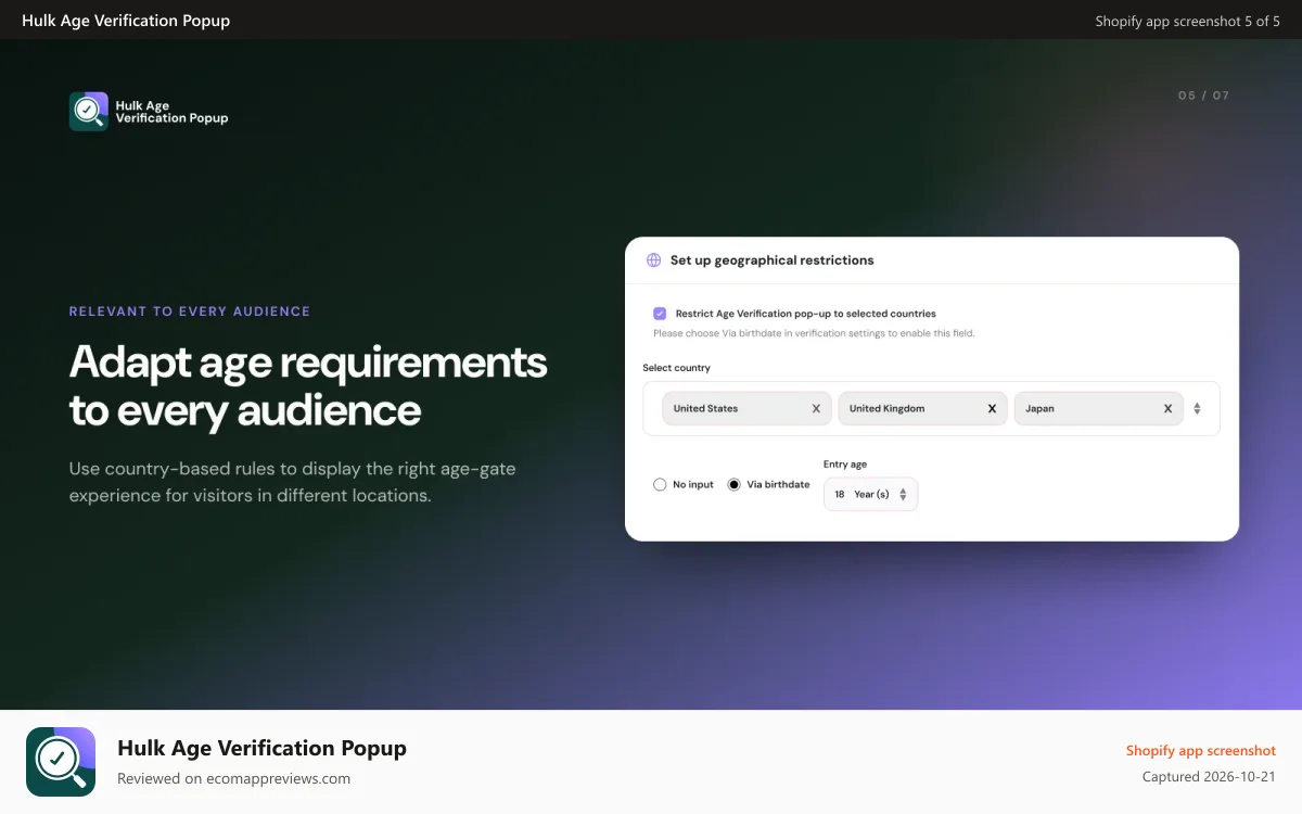 Hulk Age Verification Popup Shopify app screenshot: Prove your social responsibility with an age check popup.