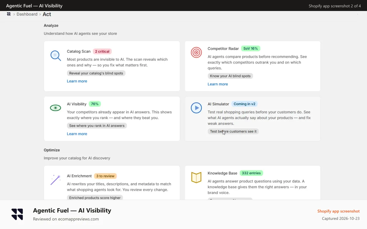 Agentic Fuel — AI Visibility Shopify app screenshot: AgenticFuel Actions