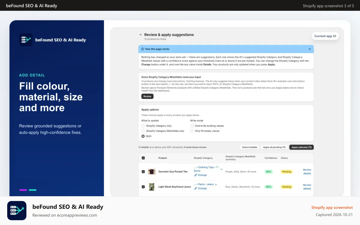beFound SEO & AI Ready Shopify app screenshot: Review screen with product suggestions and confidence scores