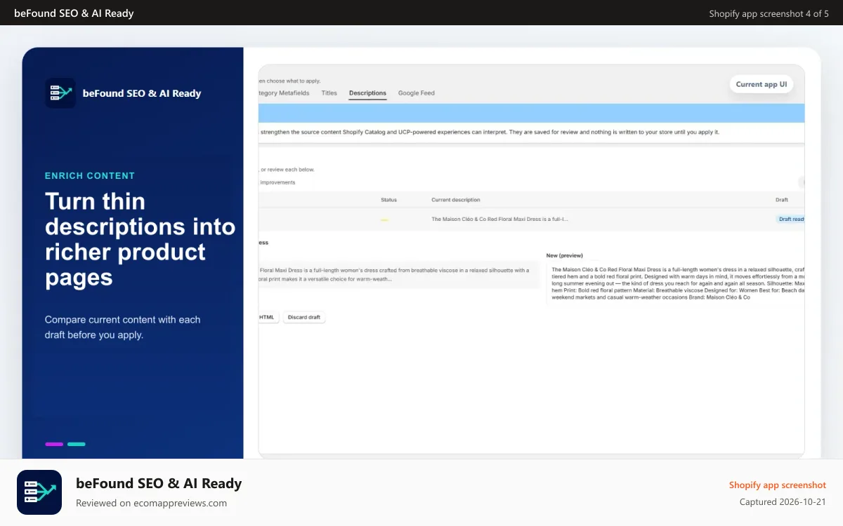 beFound SEO & AI Ready Shopify app screenshot: Current and improved product descriptions ready for review