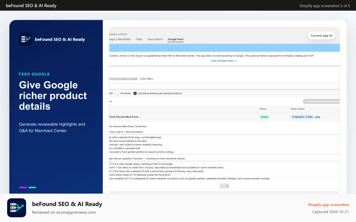 beFound SEO & AI Ready Shopify app screenshot: Google Feed highlights and Q&A generated for review
