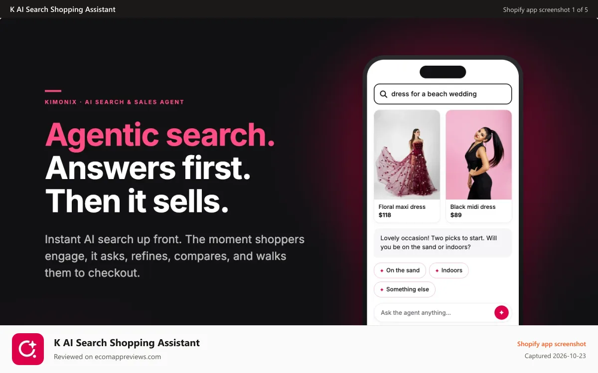 K AI Search Shopping Assistant Shopify app screenshot: Kimonix agentic AI search for Shopify answers and sells