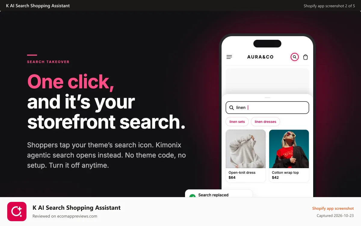 K AI Search Shopping Assistant Shopify app screenshot: One-click search takeover, no Shopify theme code changes