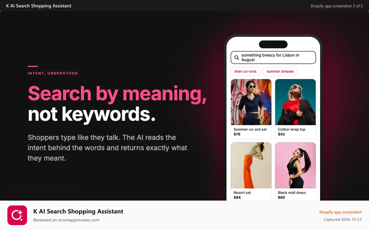 K AI Search Shopping Assistant Shopify app screenshot: AI search by meaning: shopper intent, not keywords