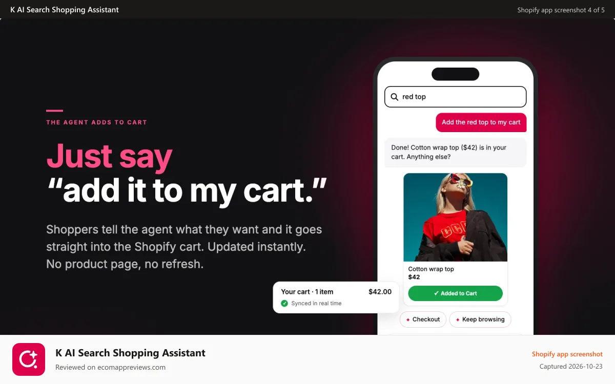 K AI Search Shopping Assistant Shopify app screenshot: AI agent adds to cart from chat, synced with Shopify cart