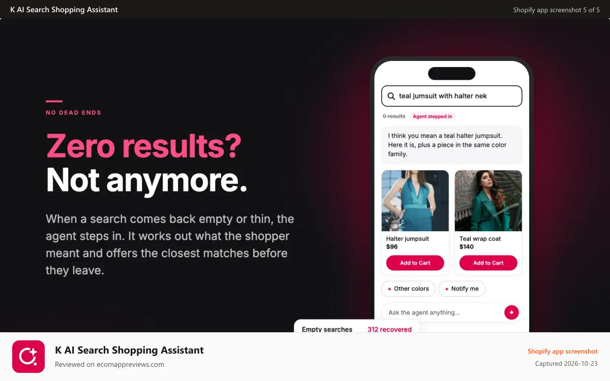 K AI Search Shopping Assistant Shopify app screenshot: Zero-result recovery: AI fixes typos, finds closest match
