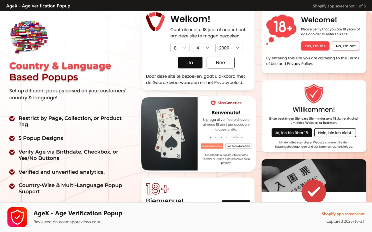 AgeX ‑ Age Verification Popup Shopify app screenshot: Age verification popup for restricted Shopify stores