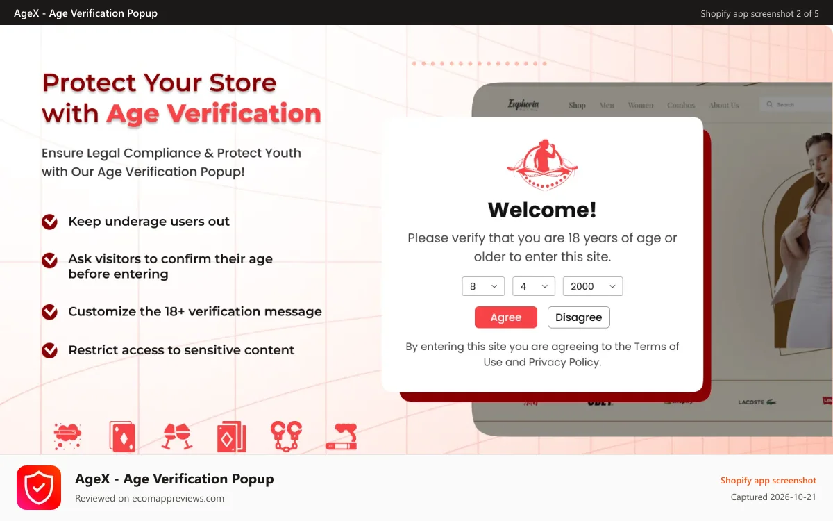 AgeX ‑ Age Verification Popup Shopify app screenshot: Custom age gate popup for 18+ and 21+ stores