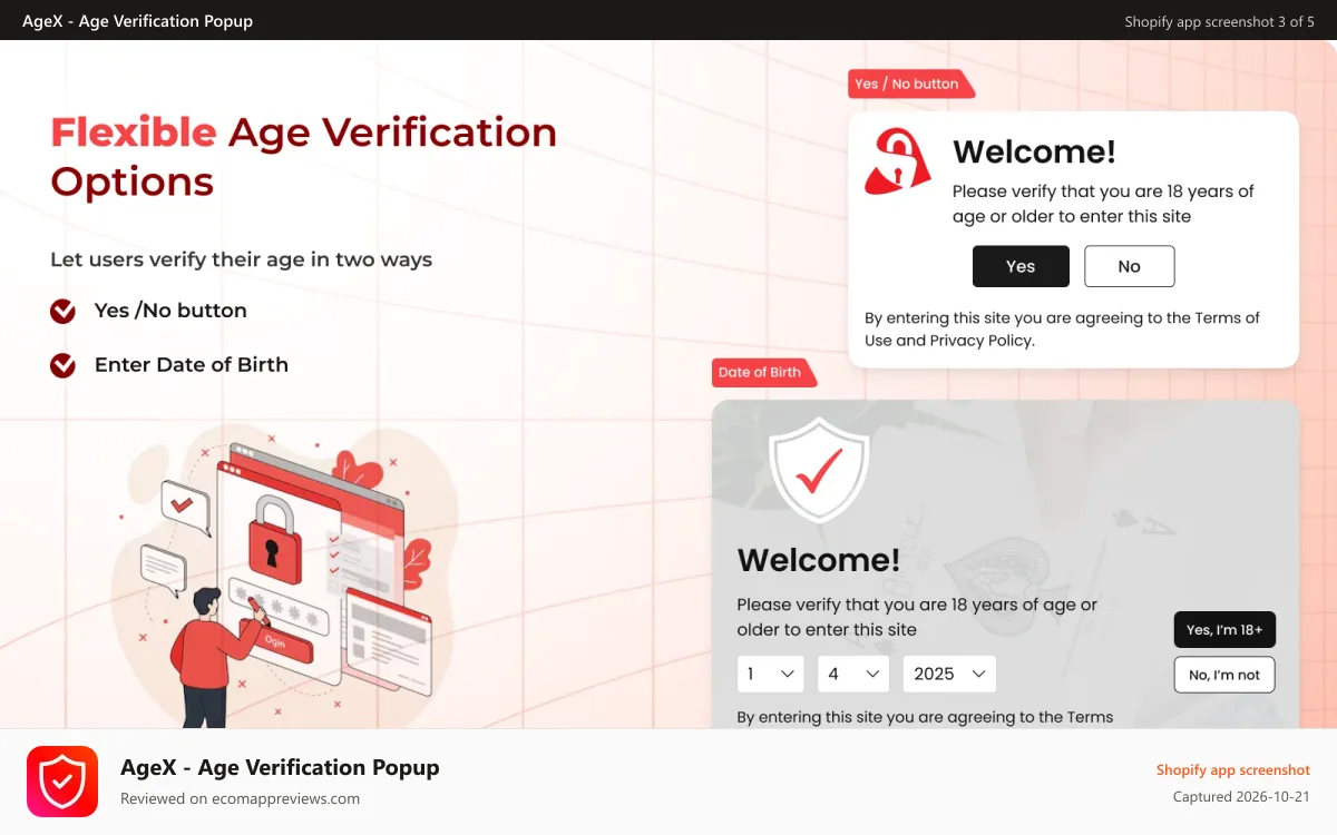 AgeX ‑ Age Verification Popup Shopify app screenshot: Birthday DOB verification popup settings
