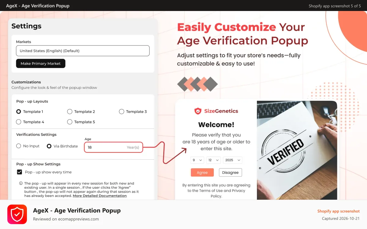 AgeX ‑ Age Verification Popup Shopify app screenshot: Product page restriction for age gated items