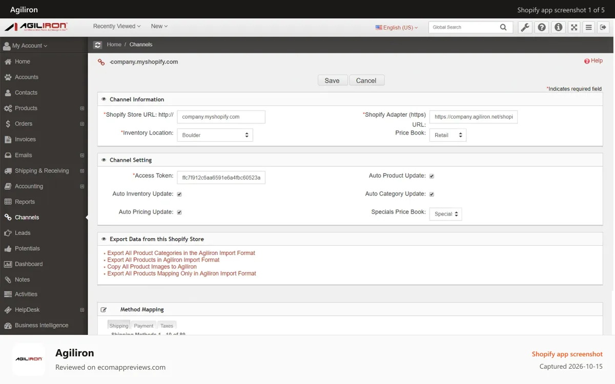 Agiliron Shopify app screenshot: Shopify Channel Admin