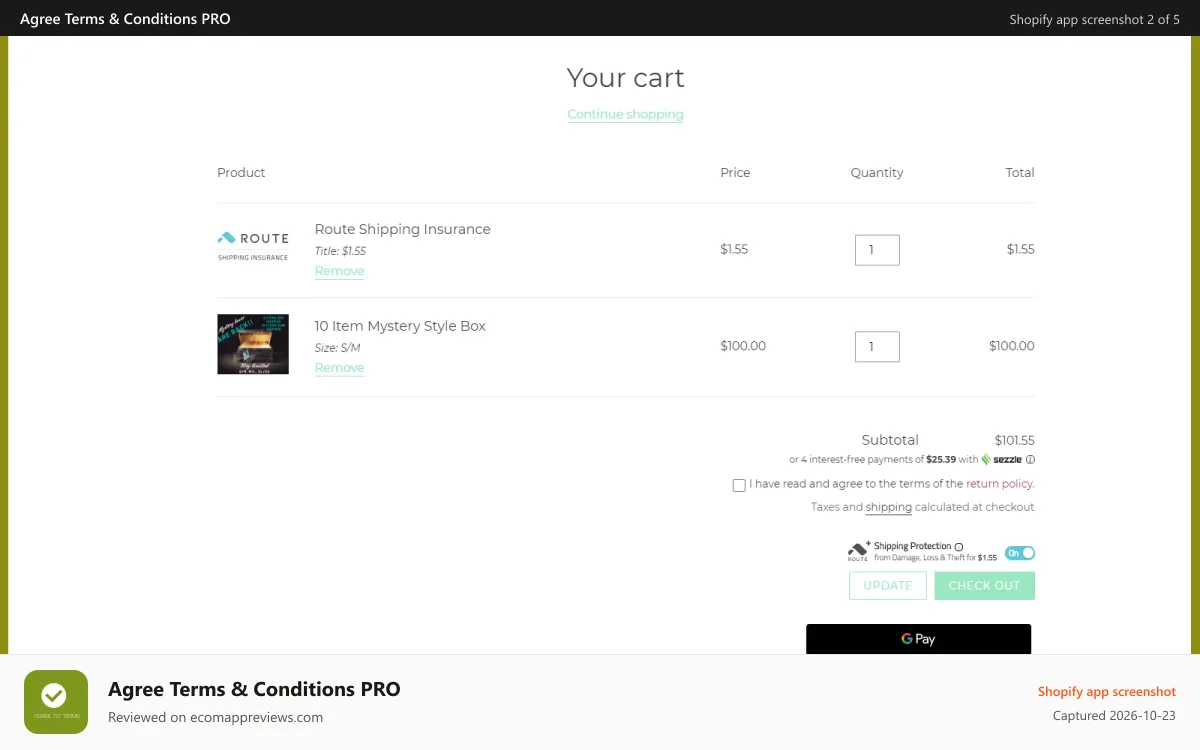 Agree Terms & Conditions PRO Shopify app screenshot: Zooomy Agree terms