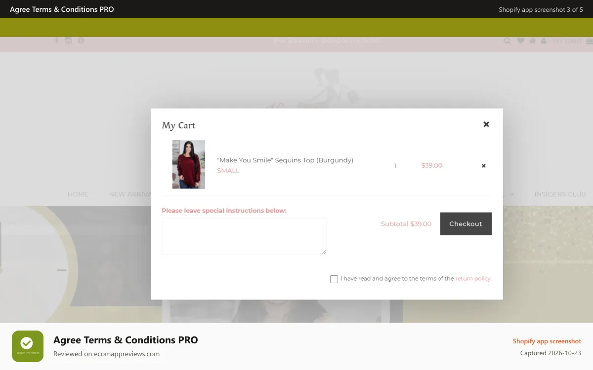 Agree Terms & Conditions PRO Shopify app screenshot: Zooomy Agree terms