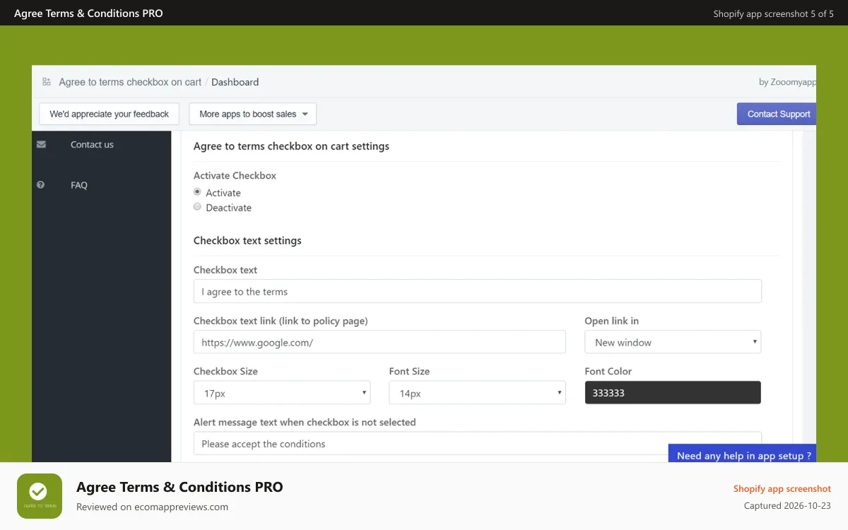 Agree Terms & Conditions PRO Shopify app screenshot: Zooomy Agree terms