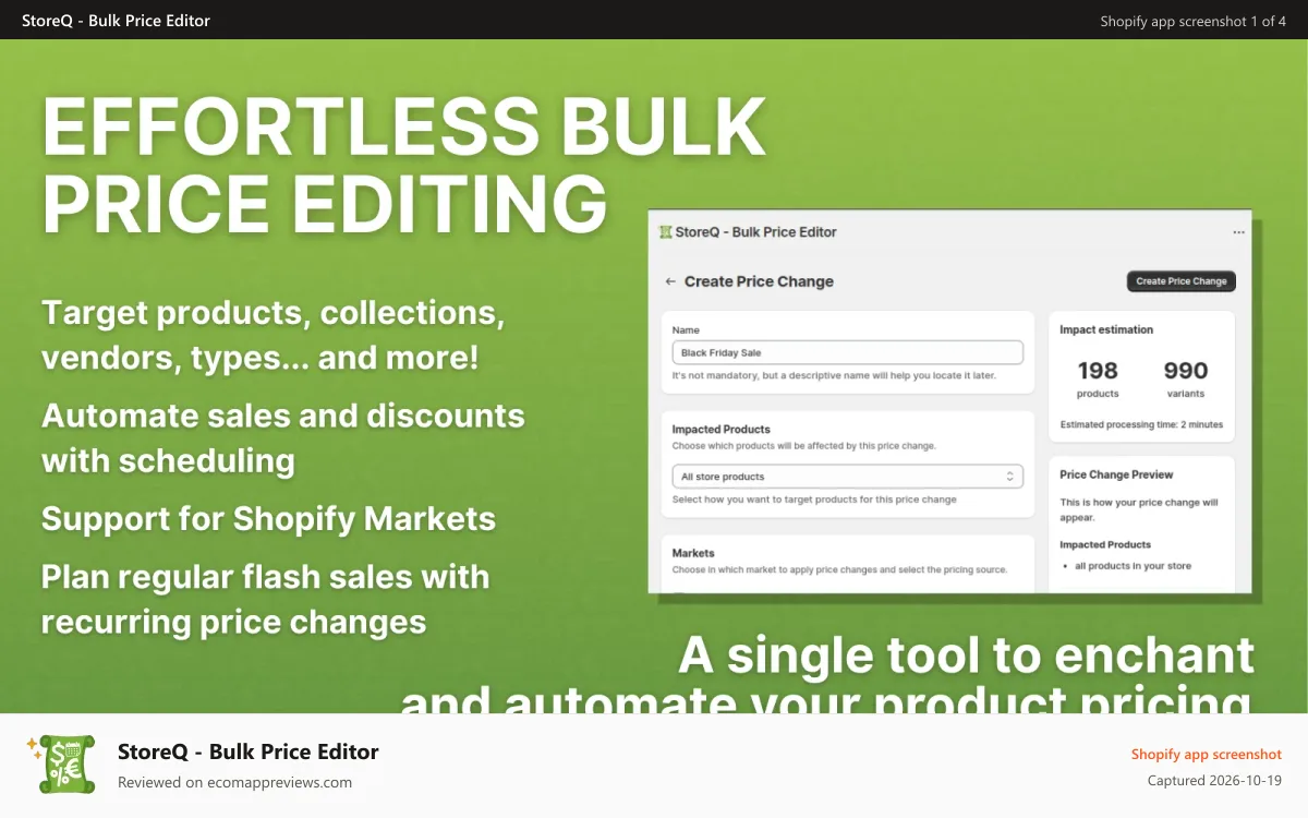 StoreQ ‑ Bulk Price Editor Shopify app screenshot: storeq easy bulk price editor create sales discounts