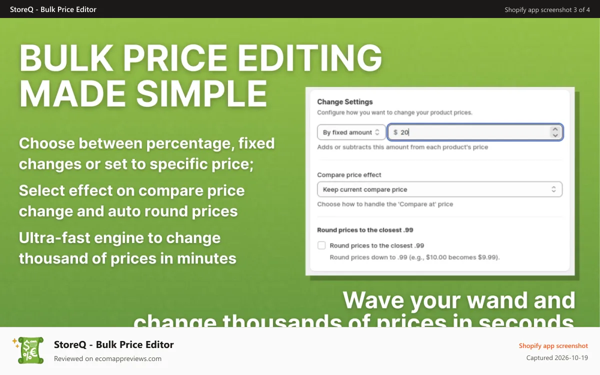 StoreQ ‑ Bulk Price Editor Shopify app screenshot: storeq bulk price editor percentage fixed criteria fast engine