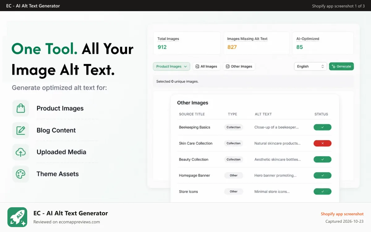 EC ‑ AI Alt Text Generator Shopify app screenshot: One Tool. All Your Image Alt Text. Product, Blog, Media, Theme