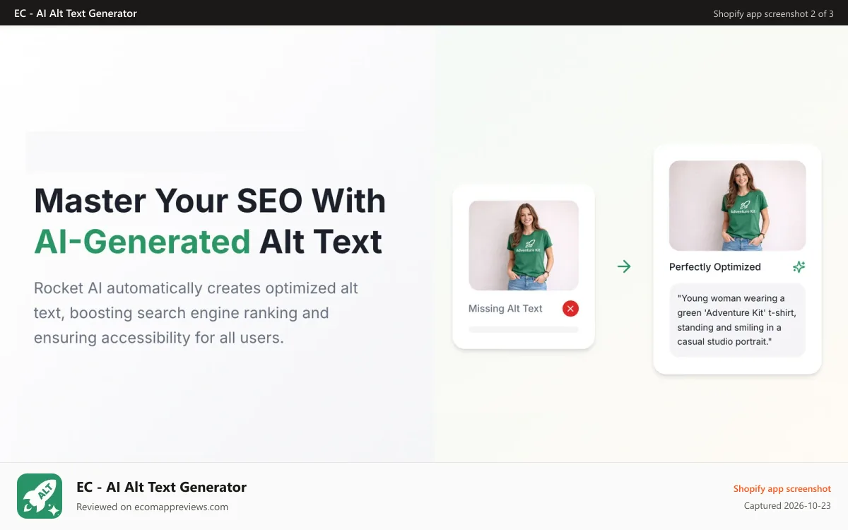 EC ‑ AI Alt Text Generator Shopify app screenshot: Master Your SEO With Al-Generated Alt Text, Image Alt Tag