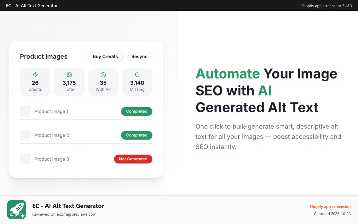 EC ‑ AI Alt Text Generator Shopify app screenshot: Automate Your Image SEO with Al Generated Alt Text