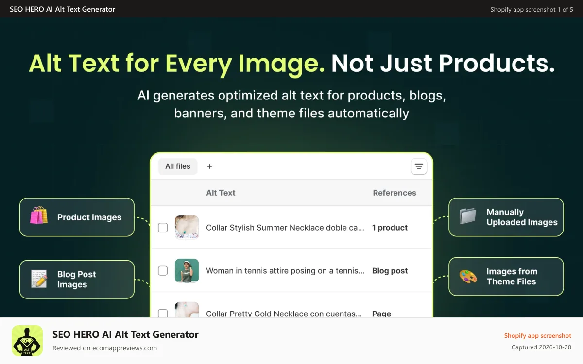 SEO HERO AI Alt Text Generator Shopify app screenshot: AI image alt tag generator for all Shopify image types