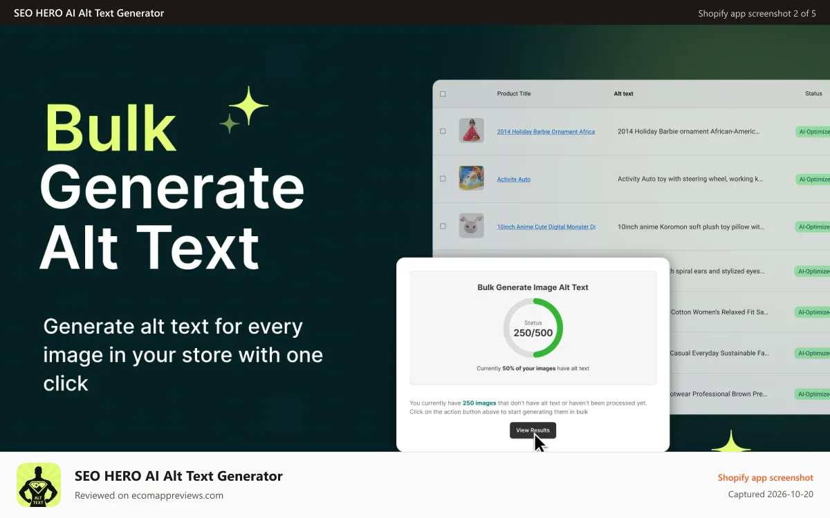 SEO HERO AI Alt Text Generator Shopify app screenshot: Bulk alt text generation for all product images at once