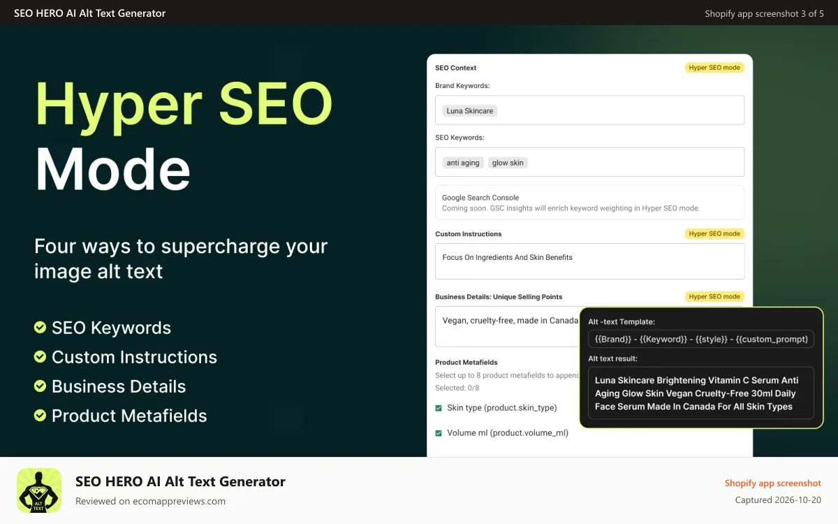 SEO HERO AI Alt Text Generator Shopify app screenshot: Hyper SEO mode with keywords metafields custom instructions deta