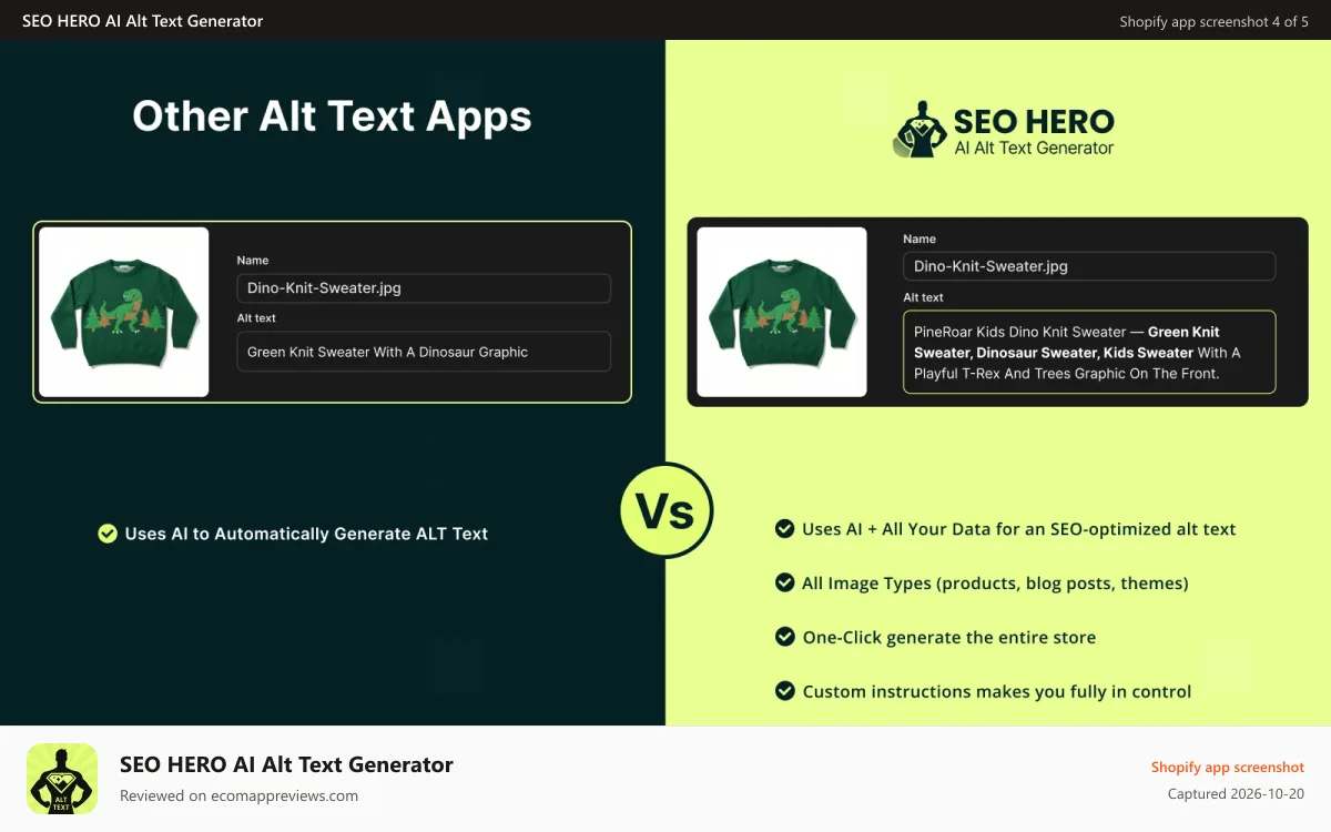 SEO HERO AI Alt Text Generator Shopify app screenshot: Image alt tags: generic AI vs SEO-optimized alt text
