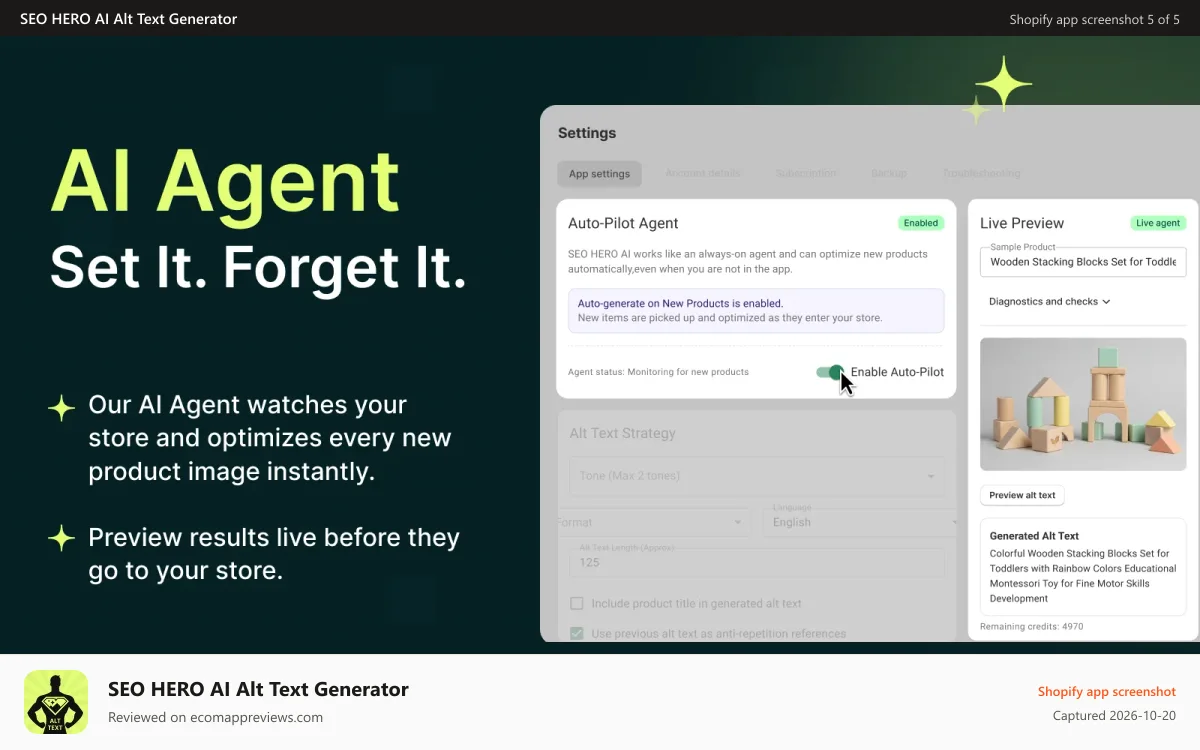 SEO HERO AI Alt Text Generator Shopify app screenshot: AI agent auto-generates image alt text for new products automati