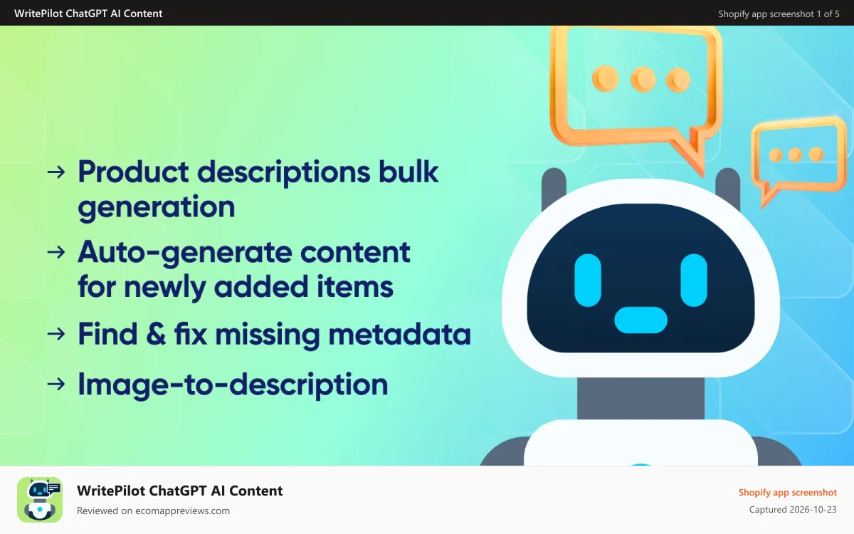 WritePilot ChatGPT AI Content Shopify app screenshot: Create SEO-friendly product descriptions, meta tags, alt-texts