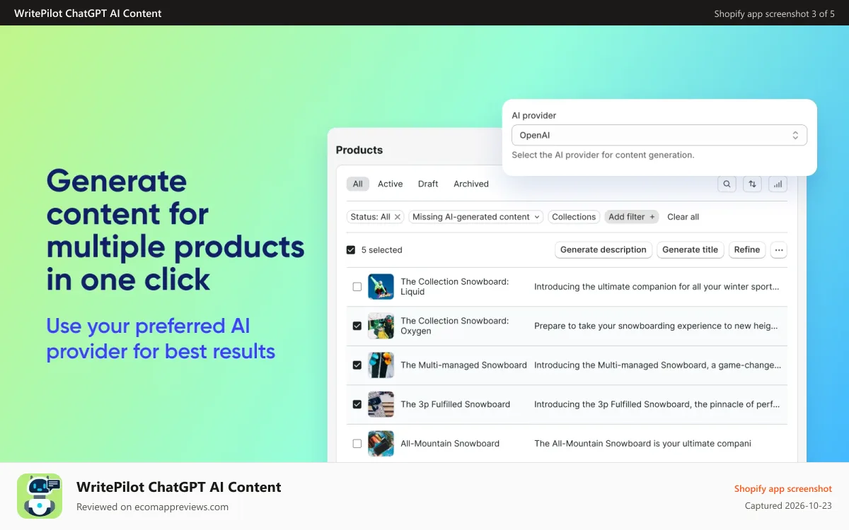 WritePilot ChatGPT AI Content Shopify app screenshot: Generate bulk product descriptions | Magic Shopify Sidekick