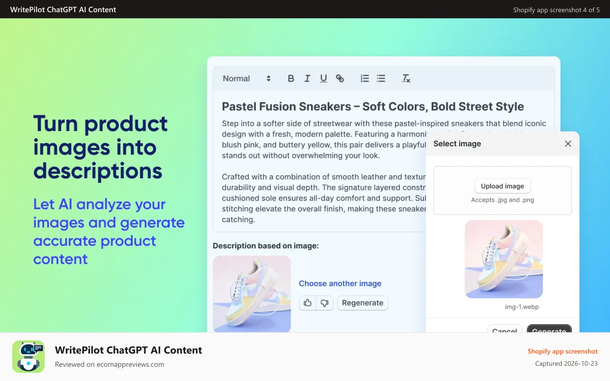 WritePilot ChatGPT AI Content Shopify app screenshot: Let AI Turn Product Images into Descriptions