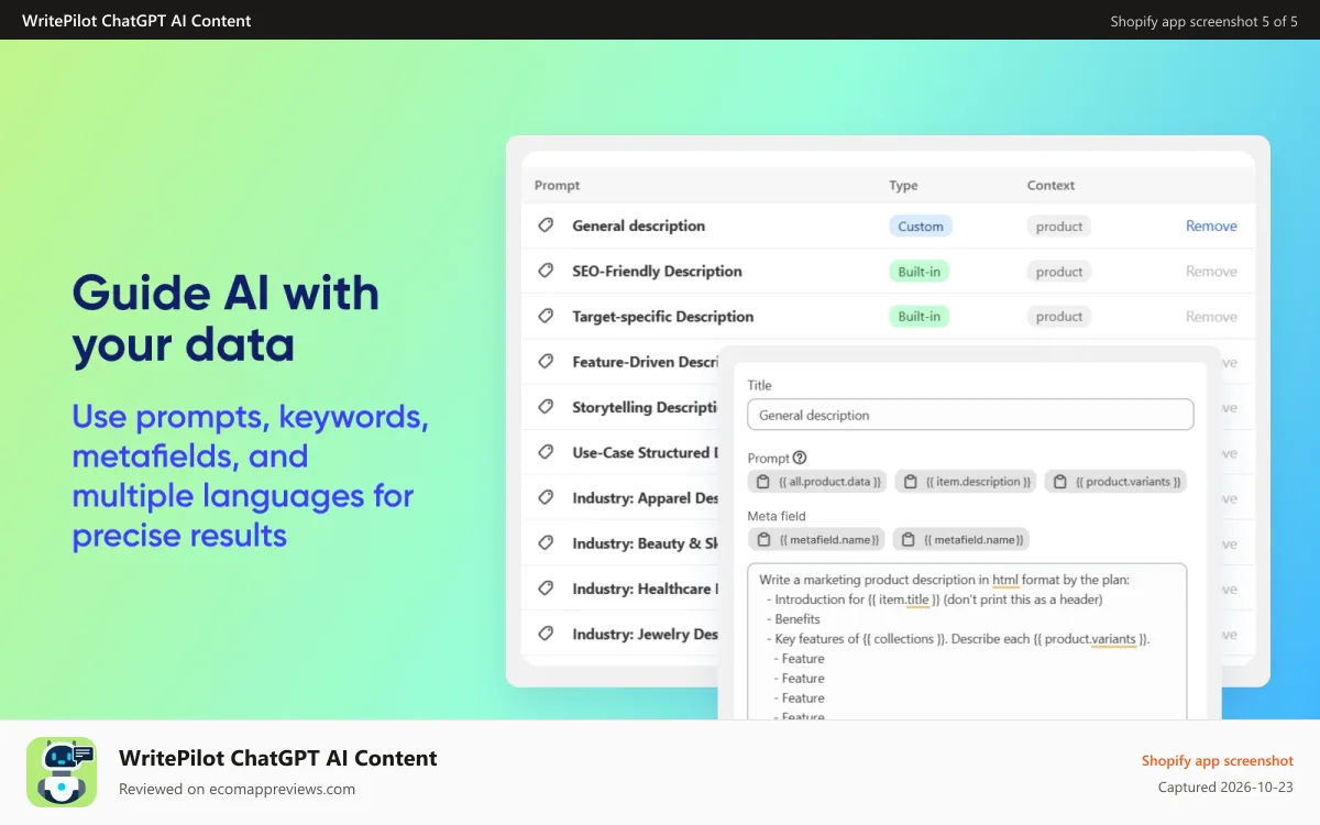 WritePilot ChatGPT AI Content Shopify app screenshot: Generate content faster via handy custom prompt templates Jasper
