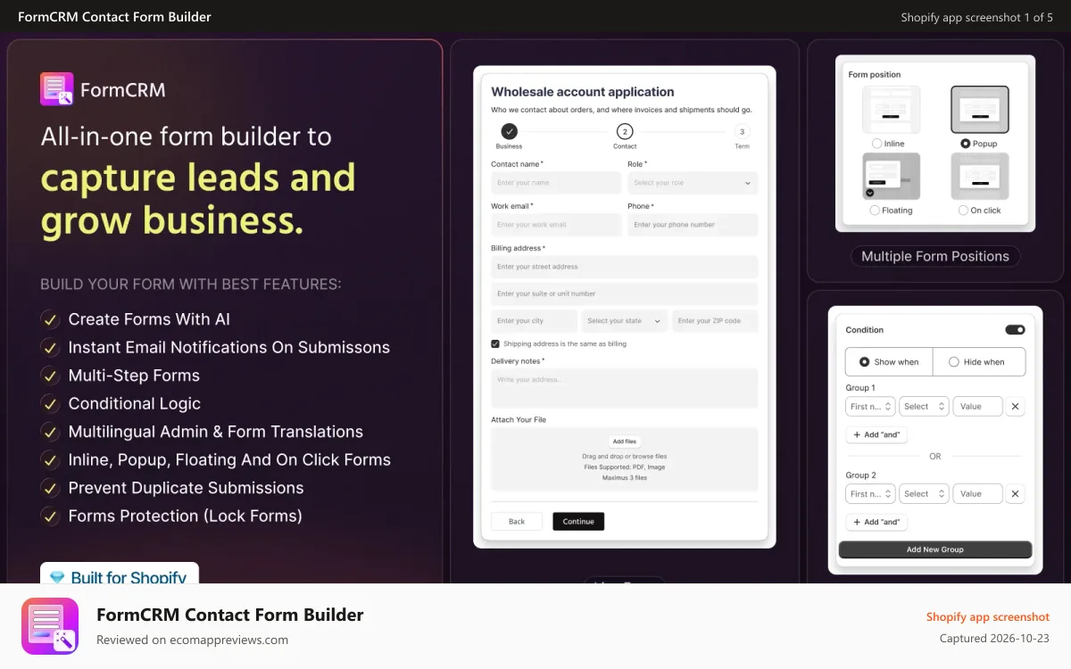 FormCRM Contact Form Builder Shopify app screenshot: Form Builder with file upload