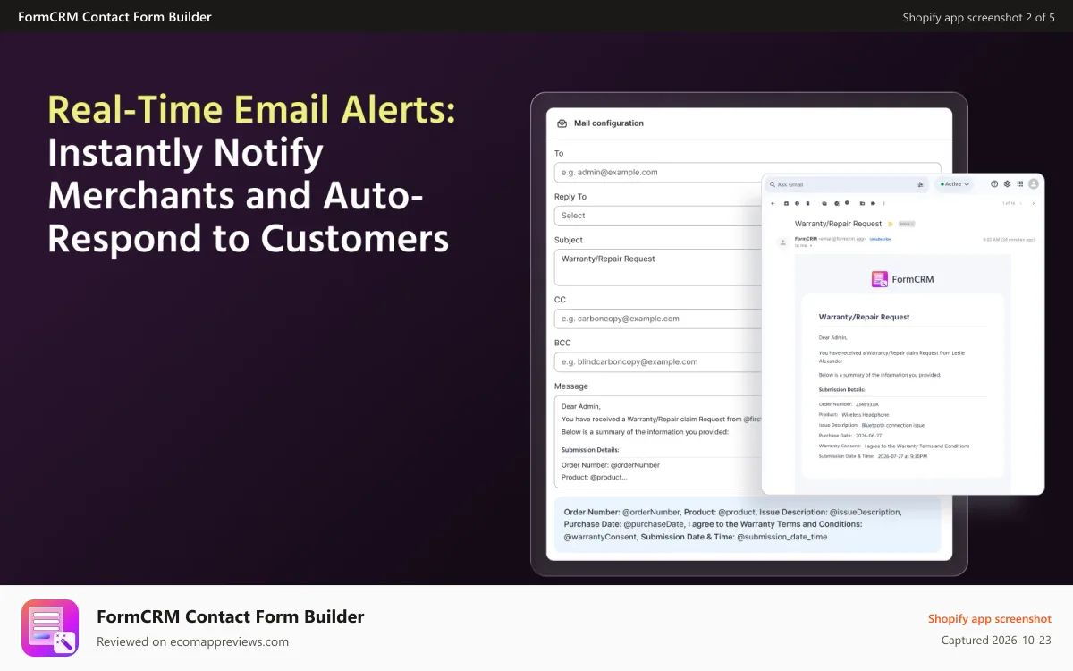 FormCRM Contact Form Builder Shopify app screenshot: Email notification based on submissions