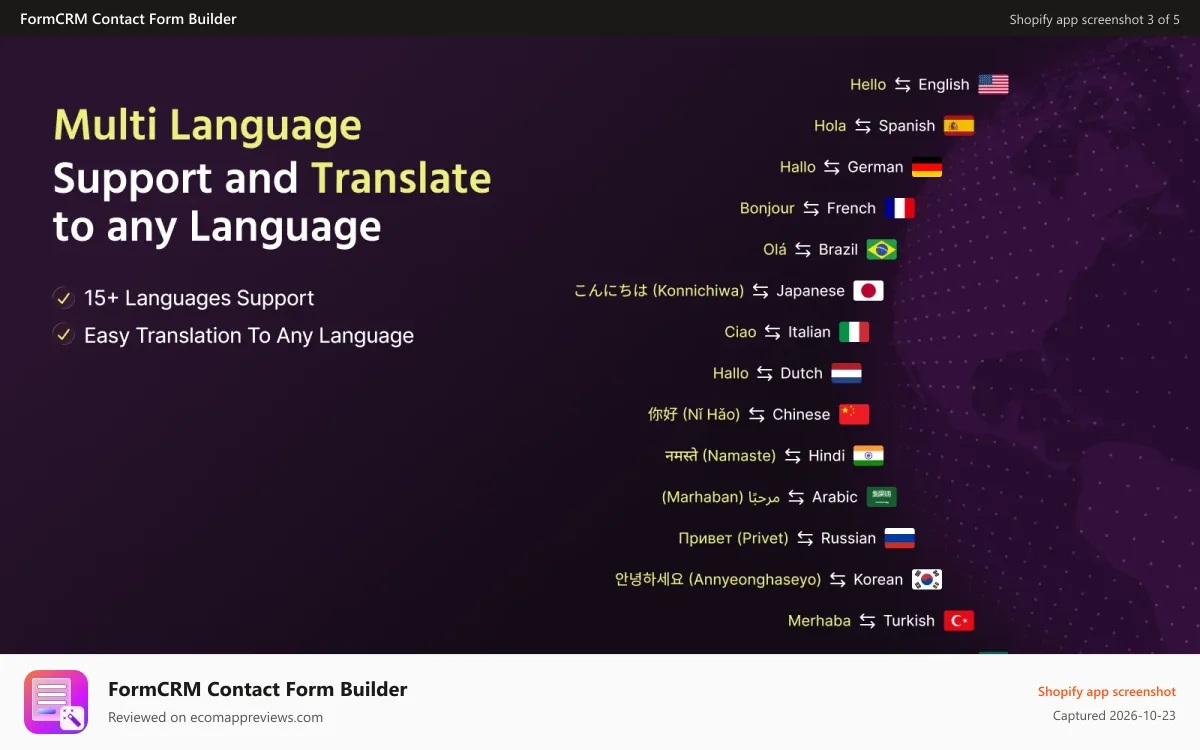 FormCRM Contact Form Builder Shopify app screenshot: Form Translations & Multilanguages