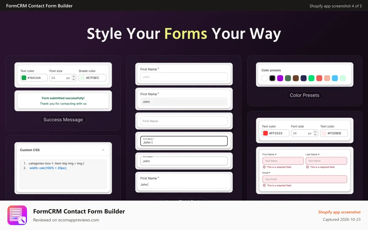 FormCRM Contact Form Builder Shopify app screenshot: Form Customizations