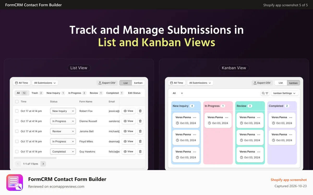 FormCRM Contact Form Builder Shopify app screenshot: Submission management system - formcrm