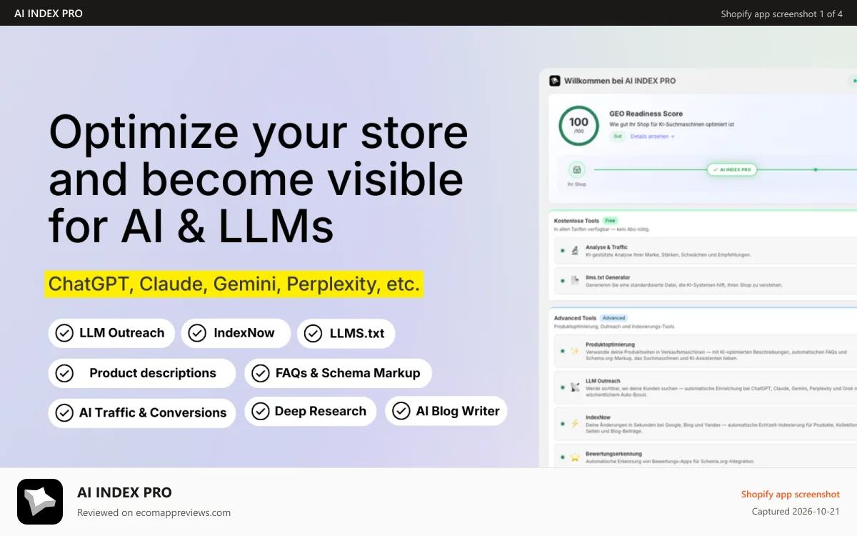 AI INDEX PRO Shopify app screenshot: AI INDEX PRO - all features at a glance