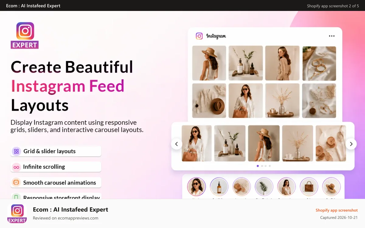 Ecom : AI Instafeed Expert Shopify app screenshot: GRID & SLIDER LAYOUTS
